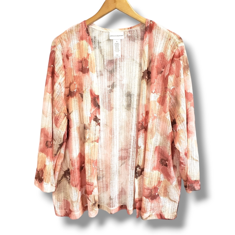 Alfred Dunner Peach and Beige Floral Print Knit Open Cardigan Size XL
